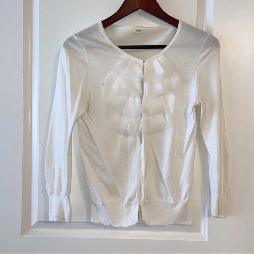 J.Crew white knit ruffle cardigan
